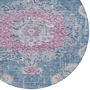 HomeRoots 5' Blue Floral Medallion Area Rug - Stylish, Washable, Indoor/Outdoor, Durable & Easy Care for Any Space 8' Round 607844