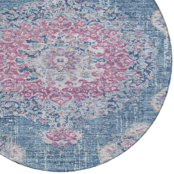 HomeRoots 5' Blue Floral Medallion Area Rug - Stylish, Washable, Indoor/Outdoor, Durable & Easy Care for Any Space 8' Round 607844