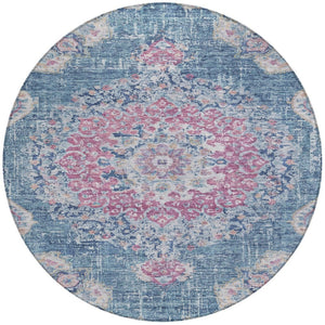 HomeRoots 5' Blue Floral Medallion Area Rug - Stylish, Washable, Indoor/Outdoor, Durable & Easy Care for Any Space 8' Round 607844