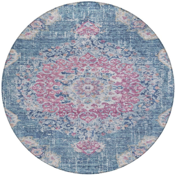 HomeRoots 5' Blue Floral Medallion Area Rug - Stylish, Washable, Indoor/Outdoor, Durable & Easy Care for Any Space 8' Round 607844
