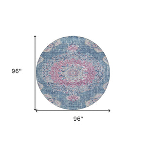 HomeRoots 5' Blue Floral Medallion Area Rug - Stylish, Washable, Indoor/Outdoor, Durable & Easy Care for Any Space 8' Round 607844