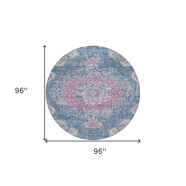 HomeRoots 5' Blue Floral Medallion Area Rug - Stylish, Washable, Indoor/Outdoor, Durable & Easy Care for Any Space 8' Round 607844