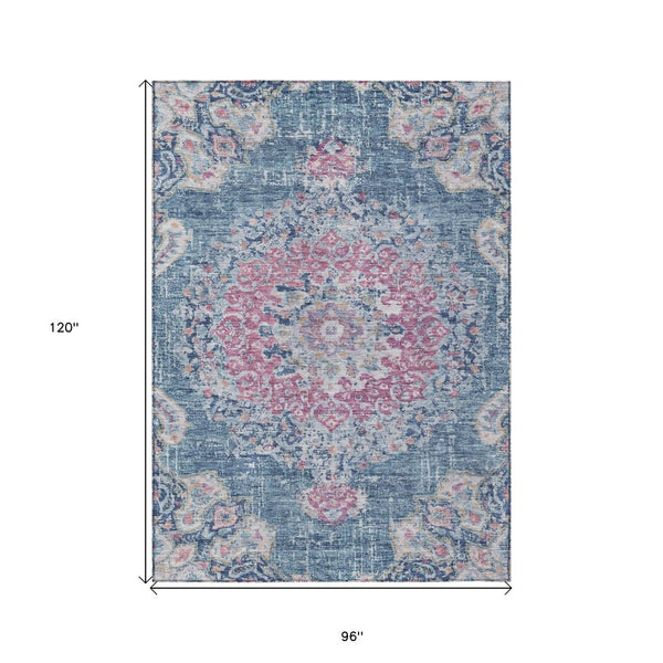 HomeRoots 5' Blue Floral Medallion Area Rug - Stylish, Washable, Indoor/Outdoor, Durable & Easy Care for Any Space 8' X 10' 607845