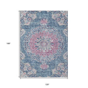 HomeRoots 5' Blue Floral Medallion Area Rug - Stylish, Washable, Indoor/Outdoor, Durable & Easy Care for Any Space 10' X 14' 607847