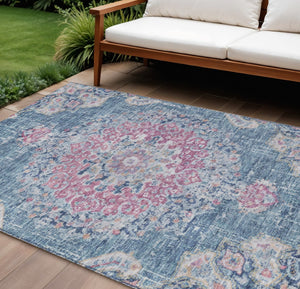 HomeRoots 5' Blue Floral Medallion Area Rug - Stylish, Washable, Indoor/Outdoor, Durable & Easy Care for Any Space 10' X 14' 607847