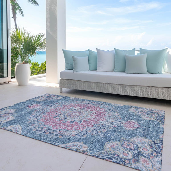 HomeRoots 5' Blue Floral Medallion Area Rug - Stylish, Washable, Indoor/Outdoor, Durable & Easy Care for Any Space 10' X 14' 607847