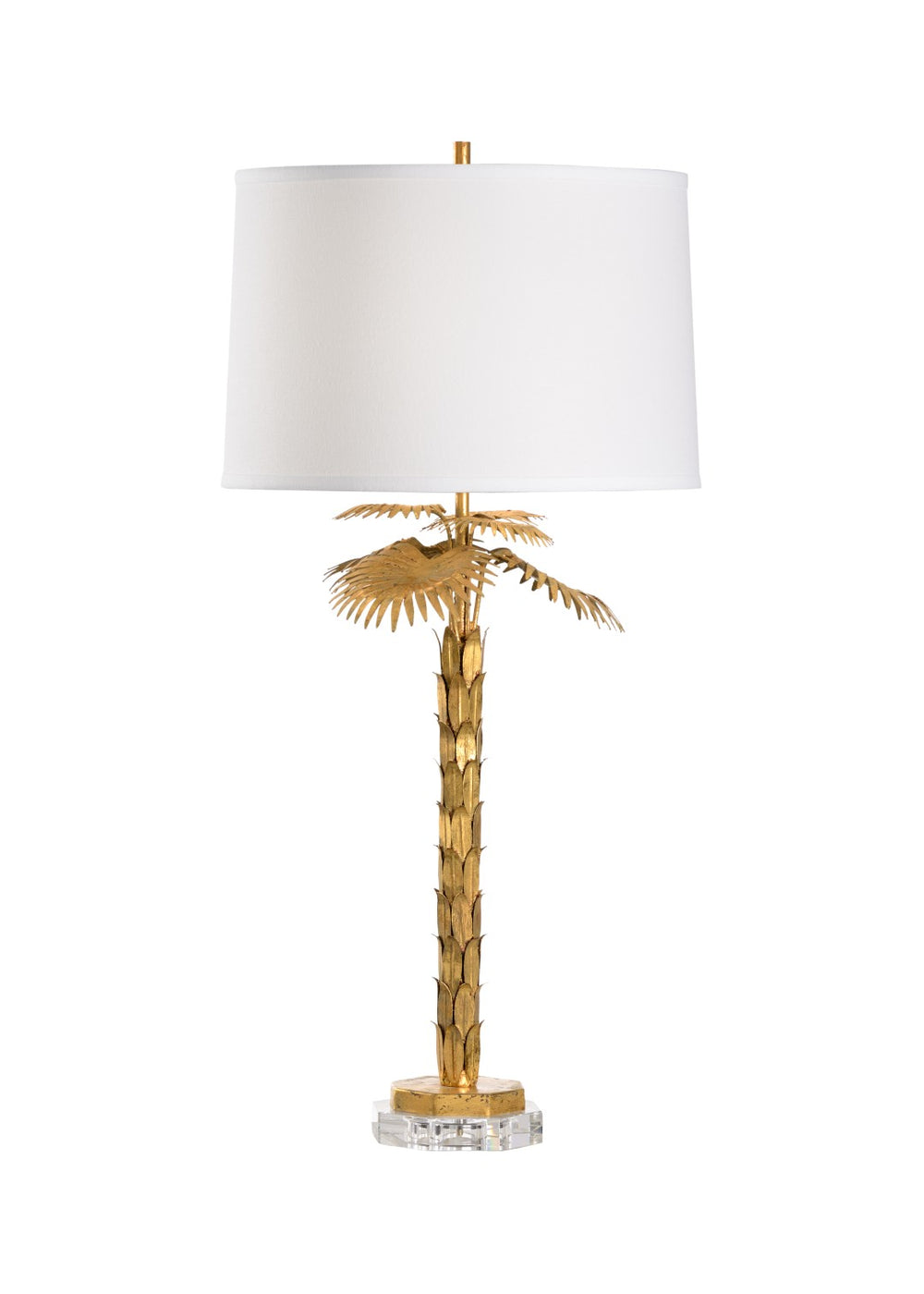 Wildwood Palm Palm Island Lamp Sculptural Antique Gold Leaf With Clear Crystal Base & White Linen Shade—Luxe Coastal 36.5" 60785
