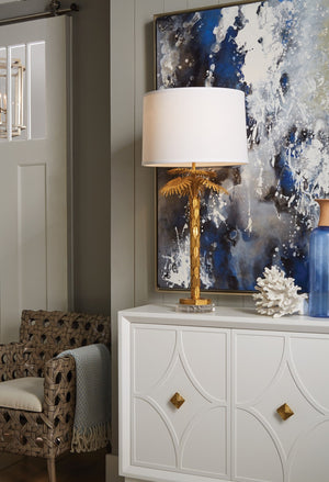 Wildwood Palm Palm Island Lamp Sculptural Antique Gold Leaf With Clear Crystal Base & White Linen Shade—Luxe Coastal 36.5" 60785