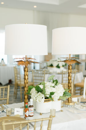 Wildwood Palm Palm Island Lamp Sculptural Antique Gold Leaf With Clear Crystal Base & White Linen Shade—Luxe Coastal 36.5" 60785