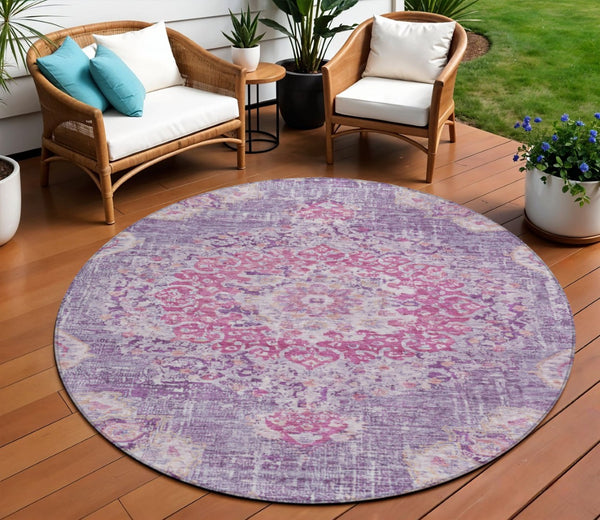 HomeRoots 5' Purple Floral Medallion Area Rug - Washable, Durable, Chic Accent for Indoor & Outdoor Spaces 8' Round 607850