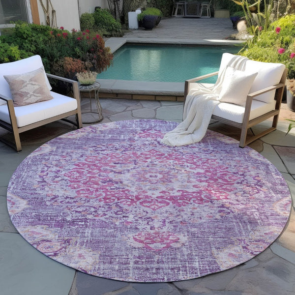 HomeRoots 5' Purple Floral Medallion Area Rug - Washable, Durable, Chic Accent for Indoor & Outdoor Spaces 8' Round 607850
