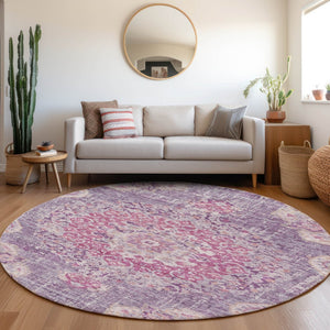 HomeRoots 5' Purple Floral Medallion Area Rug - Washable, Durable, Chic Accent for Indoor & Outdoor Spaces 8' Round 607850