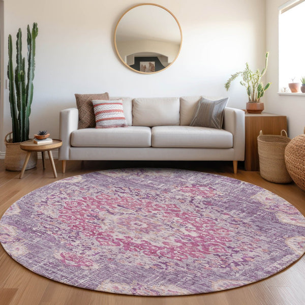 HomeRoots 5' Purple Floral Medallion Area Rug - Washable, Durable, Chic Accent for Indoor & Outdoor Spaces 8' Round 607850