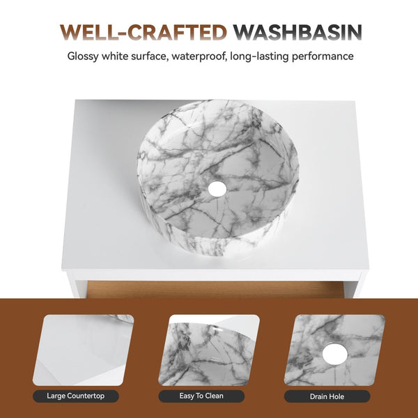 English Elm 30" Floating Wall Mount Bathroom Vanity Open Shelf Ceramic Vessel Sink Modern White Grey+White,White + Light Oak W3450S00059