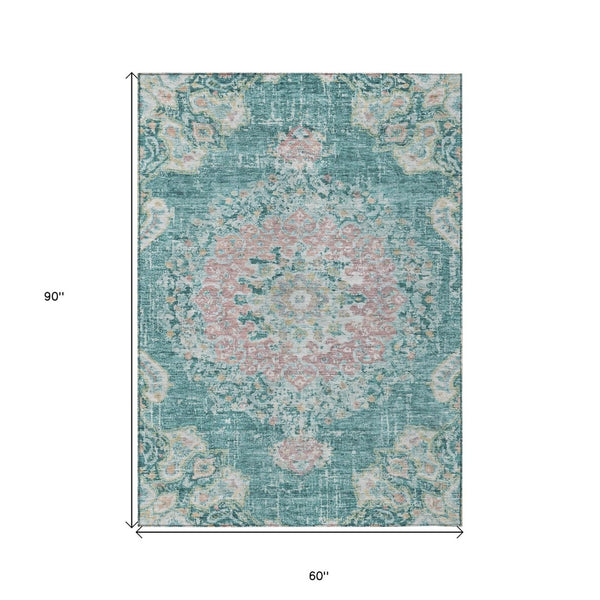 HomeRoots 5' Teal Blue Floral Medallion Indoor Outdoor Rug – Durable, Washable, Versatile for Any Space 5' X 8' 607855