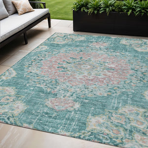 HomeRoots 5' Teal Blue Floral Medallion Indoor Outdoor Rug – Durable, Washable, Versatile for Any Space 5' X 8' 607855