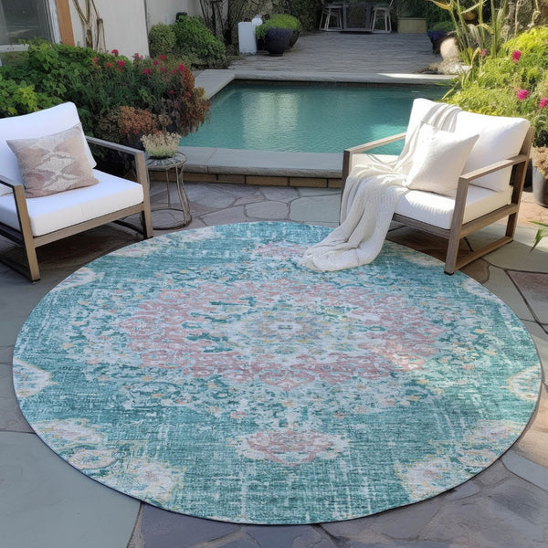 HomeRoots 5' Teal Blue Floral Medallion Indoor Outdoor Rug – Durable, Washable, Versatile for Any Space 8' Round 607856