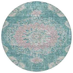 HomeRoots 5' Teal Blue Floral Medallion Indoor Outdoor Rug – Durable, Washable, Versatile for Any Space 8' Round 607856