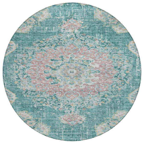 HomeRoots 5' Teal Blue Floral Medallion Indoor Outdoor Rug – Durable, Washable, Versatile for Any Space 8' Round 607856