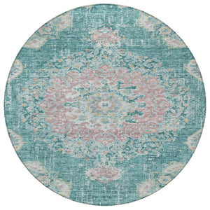 HomeRoots 5' Teal Blue Floral Medallion Indoor Outdoor Rug – Durable, Washable, Versatile for Any Space 8' Round 607856