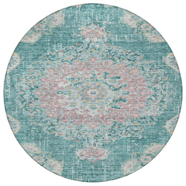 HomeRoots 5' Teal Blue Floral Medallion Indoor Outdoor Rug – Durable, Washable, Versatile for Any Space 8' Round 607856