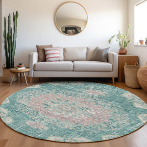HomeRoots 5' Teal Blue Floral Medallion Indoor Outdoor Rug – Durable, Washable, Versatile for Any Space 8' Round 607856