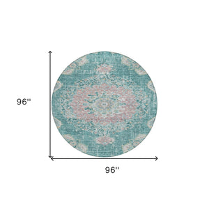 HomeRoots 5' Teal Blue Floral Medallion Indoor Outdoor Rug – Durable, Washable, Versatile for Any Space 8' Round 607856