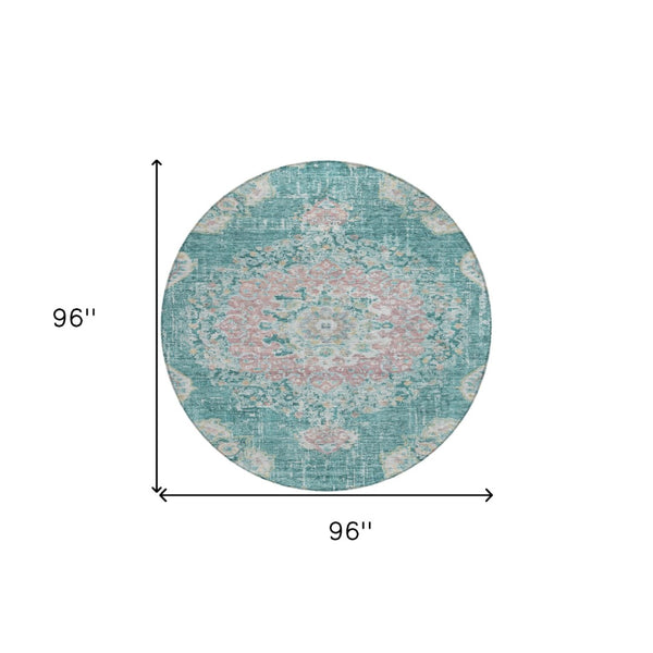 HomeRoots 5' Teal Blue Floral Medallion Indoor Outdoor Rug – Durable, Washable, Versatile for Any Space 8' Round 607856