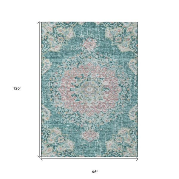 HomeRoots 5' Teal Blue Floral Medallion Indoor Outdoor Rug – Durable, Washable, Versatile for Any Space 8' X 10' 607857