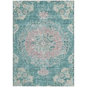 HomeRoots 5' Teal Blue Floral Medallion Indoor Outdoor Rug – Durable, Washable, Versatile for Any Space 8' X 10' 607857