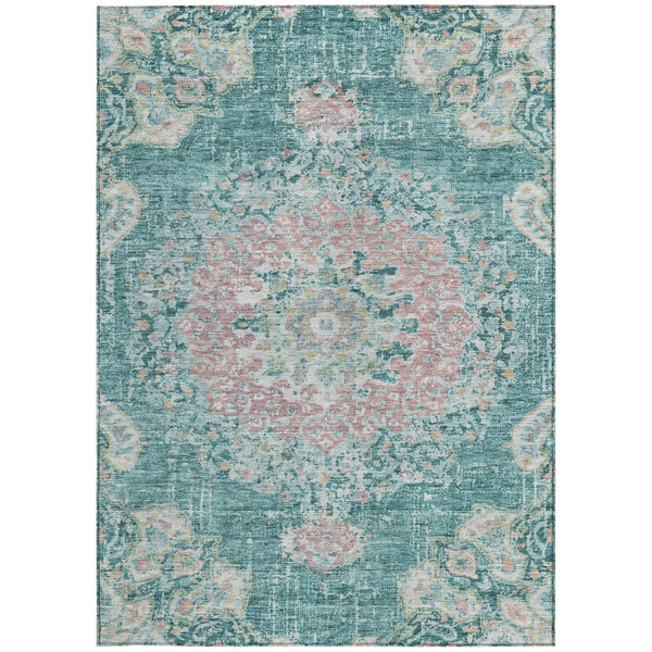 HomeRoots 5' Teal Blue Floral Medallion Indoor Outdoor Rug – Durable, Washable, Versatile for Any Space 8' X 10' 607857