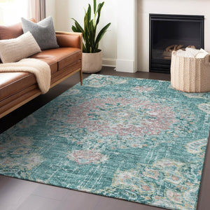 HomeRoots 5' Teal Blue Floral Medallion Indoor Outdoor Rug – Durable, Washable, Versatile for Any Space 8' X 10' 607857