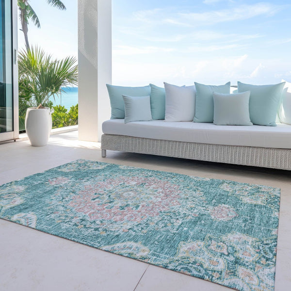 HomeRoots 9' Teal Blue Floral Medallion Area Rug - Durable, Washable, Perfect for Indoor & Outdoor Spaces! 607858