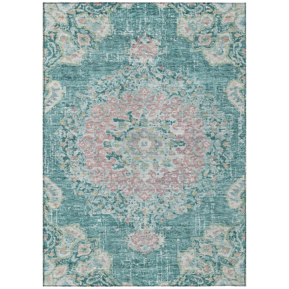 HomeRoots 9' Teal Blue Floral Medallion Area Rug - Durable, Washable, Perfect for Indoor & Outdoor Spaces! 607858