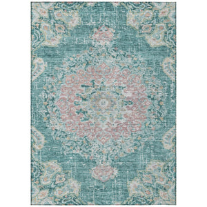 HomeRoots 9' Teal Blue Floral Medallion Area Rug - Durable, Washable, Perfect for Indoor & Outdoor Spaces! 607858