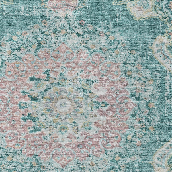 HomeRoots 9' Teal Blue Floral Medallion Area Rug - Durable, Washable, Perfect for Indoor & Outdoor Spaces! 607858