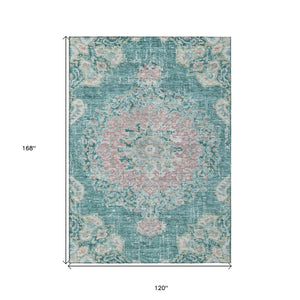 HomeRoots 5' Teal Blue Floral Medallion Indoor Outdoor Rug – Durable, Washable, Versatile for Any Space 10' X 14' 607859