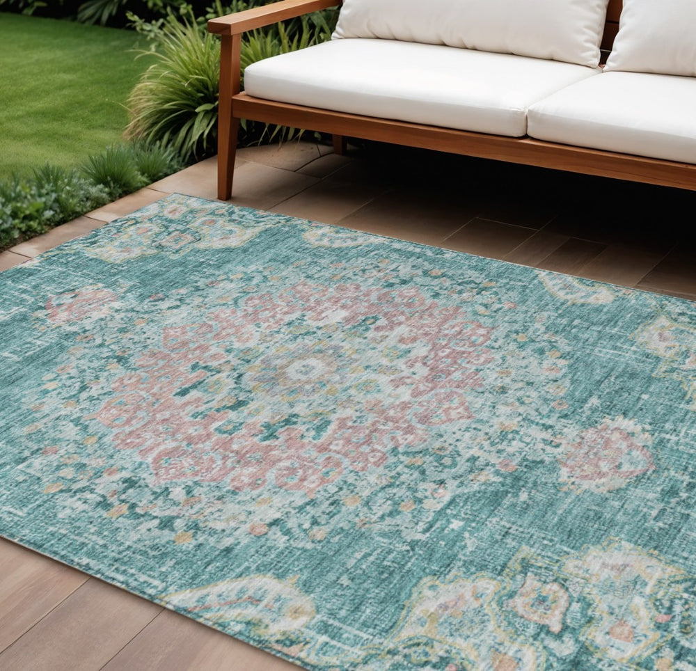 HomeRoots 5' Teal Blue Floral Medallion Indoor Outdoor Rug – Durable, Washable, Versatile for Any Space 10' X 14' 607859