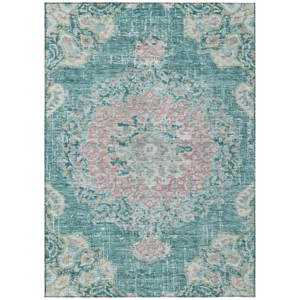HomeRoots 5' Teal Blue Floral Medallion Indoor Outdoor Rug – Durable, Washable, Versatile for Any Space 10' X 14' 607859