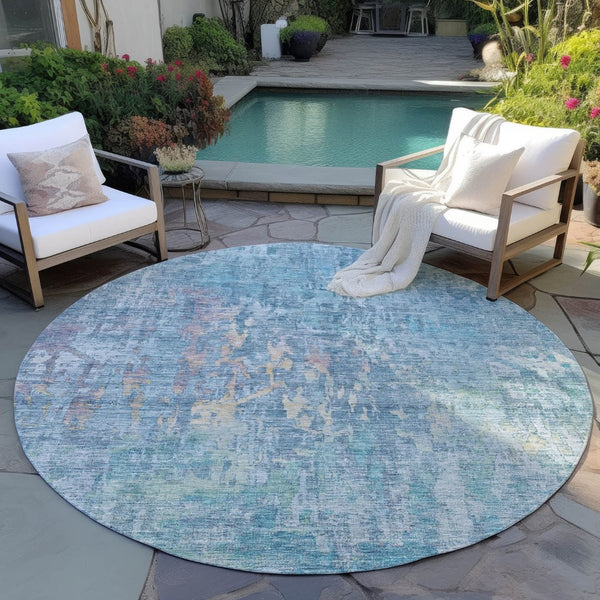 HomeRoots 5' Blue Abstract Washable Area Rug - Modern Indoor/Outdoor Design for Effortless Style & Durability 8' Round 607862