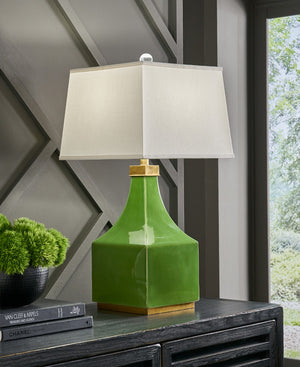 Wildwood Holden Lime-Glazed Porcelain Table Lamp With Antique Brass Mounting And Off-White Silkette Shade, 31.5" 60788