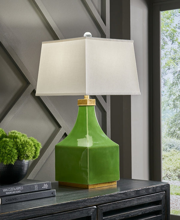Wildwood Holden Lime-Glazed Porcelain Table Lamp With Antique Brass Mounting And Off-White Silkette Shade, 31.5" 60788