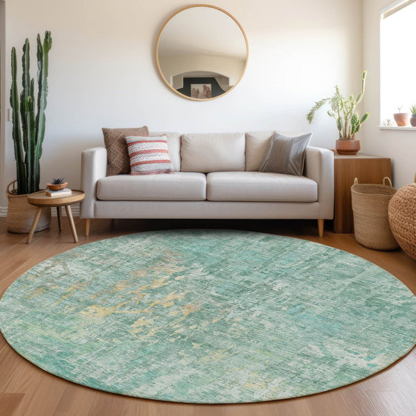 HomeRoots 5' Teal Blue Abstract Rug - Washable, Durable, Stylish Indoor/Outdoor Area Rug for High-Traffic Spaces 8' Round 607892