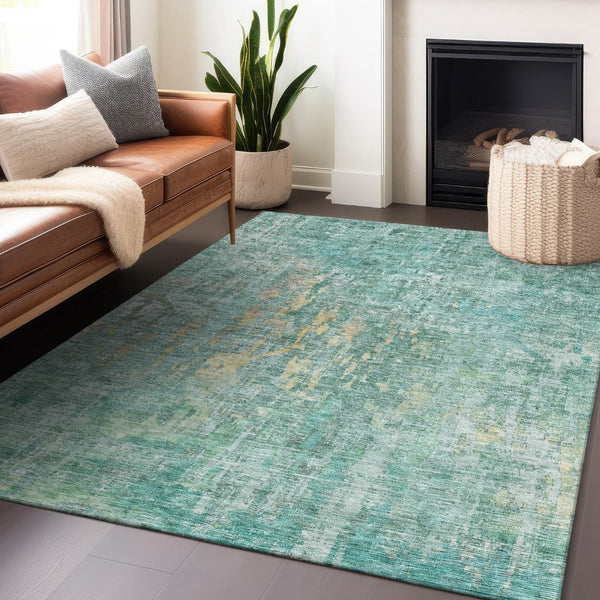 HomeRoots 5' Teal Blue Abstract Rug - Washable, Durable, Stylish Indoor/Outdoor Area Rug for High-Traffic Spaces 10' X 14' 607895