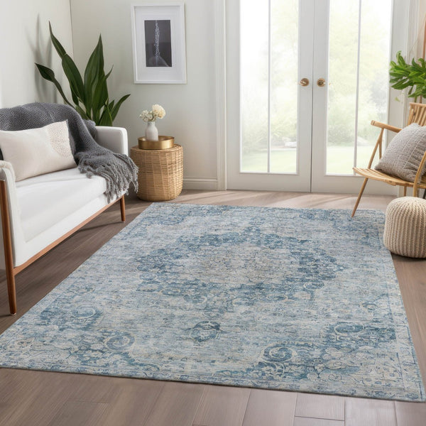 HomeRoots 5' Timeless Blue Floral Medallion Area Rug - Washable Indoor/Outdoor Style for High-Traffic Spaces 5' X 8' 607897