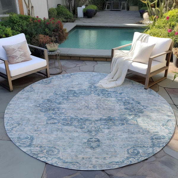 HomeRoots 5' Timeless Blue Floral Medallion Area Rug - Washable Indoor/Outdoor Style for High-Traffic Spaces 8' Round 607898