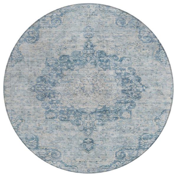 HomeRoots 5' Timeless Blue Floral Medallion Area Rug - Washable Indoor/Outdoor Style for High-Traffic Spaces 8' Round 607898