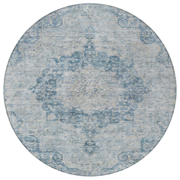 HomeRoots 5' Timeless Blue Floral Medallion Area Rug - Washable Indoor/Outdoor Style for High-Traffic Spaces 8' Round 607898