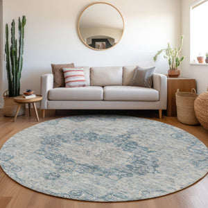 HomeRoots 5' Timeless Blue Floral Medallion Area Rug - Washable Indoor/Outdoor Style for High-Traffic Spaces 8' Round 607898