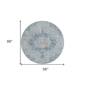 HomeRoots 5' Timeless Blue Floral Medallion Area Rug - Washable Indoor/Outdoor Style for High-Traffic Spaces 8' Round 607898